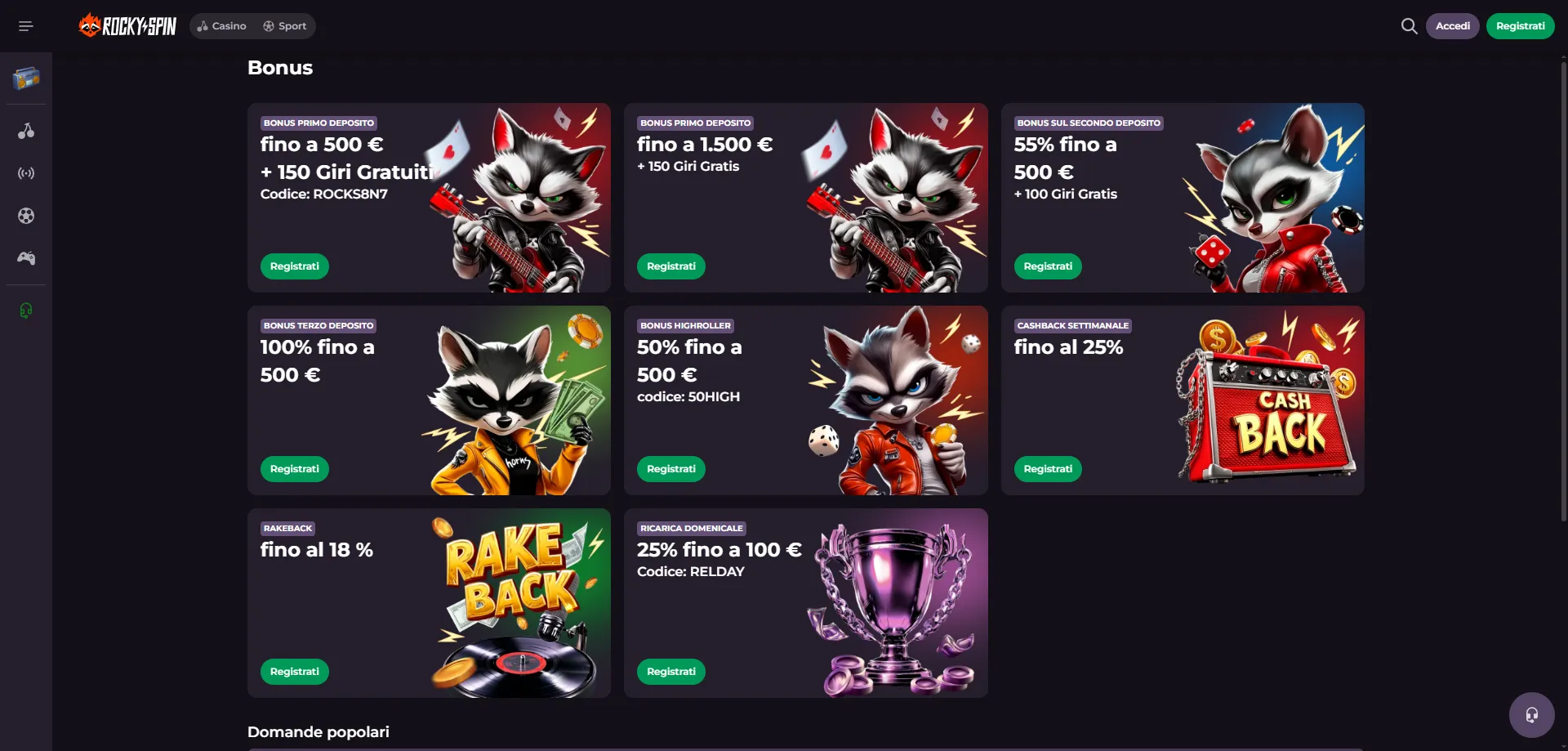RockySpin Casino bonus di benvenuto fino a 500&euro; e 250 giri gratis