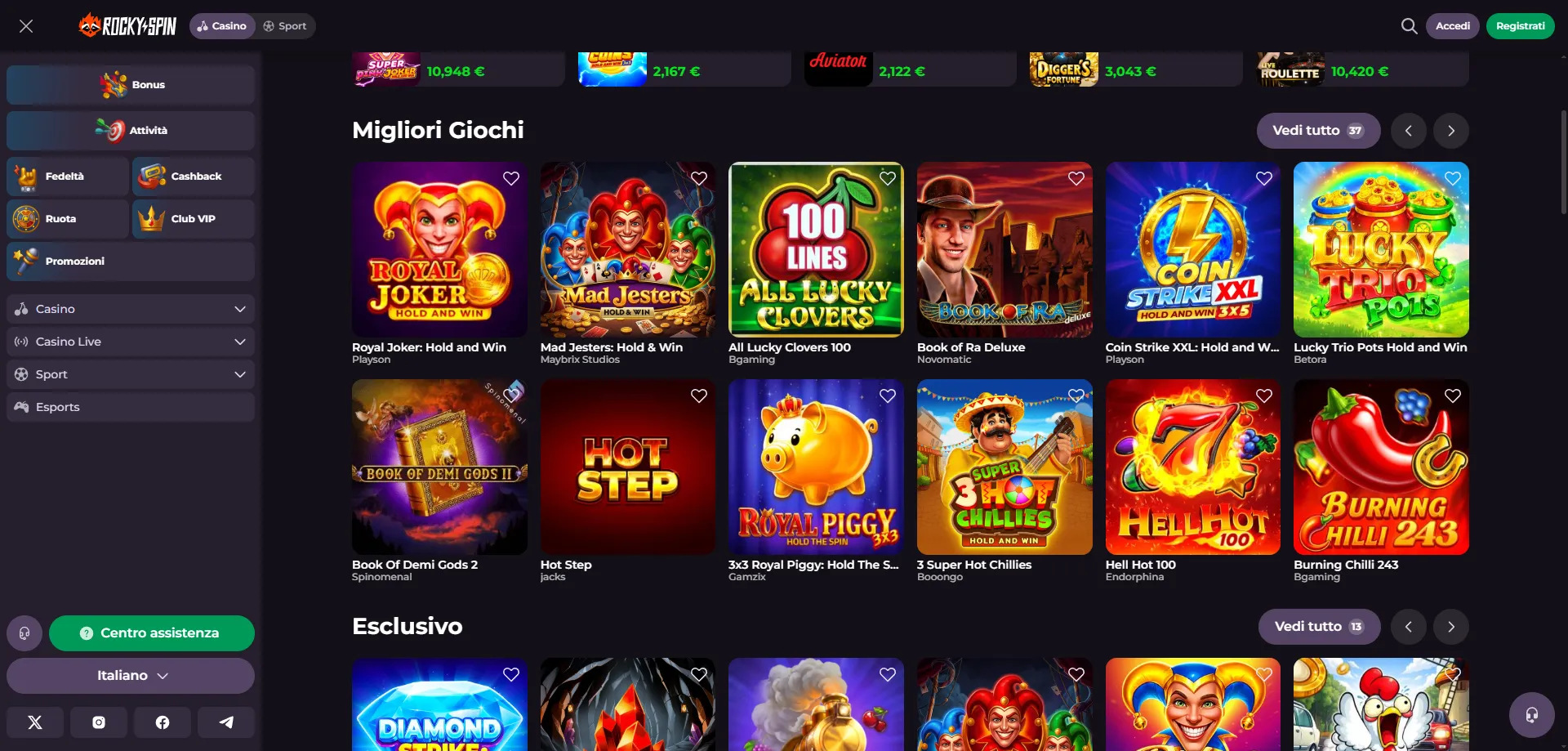 Interfaccia sito ufficiale RockySpin Casino &mdash; navigazione semplice e rapida