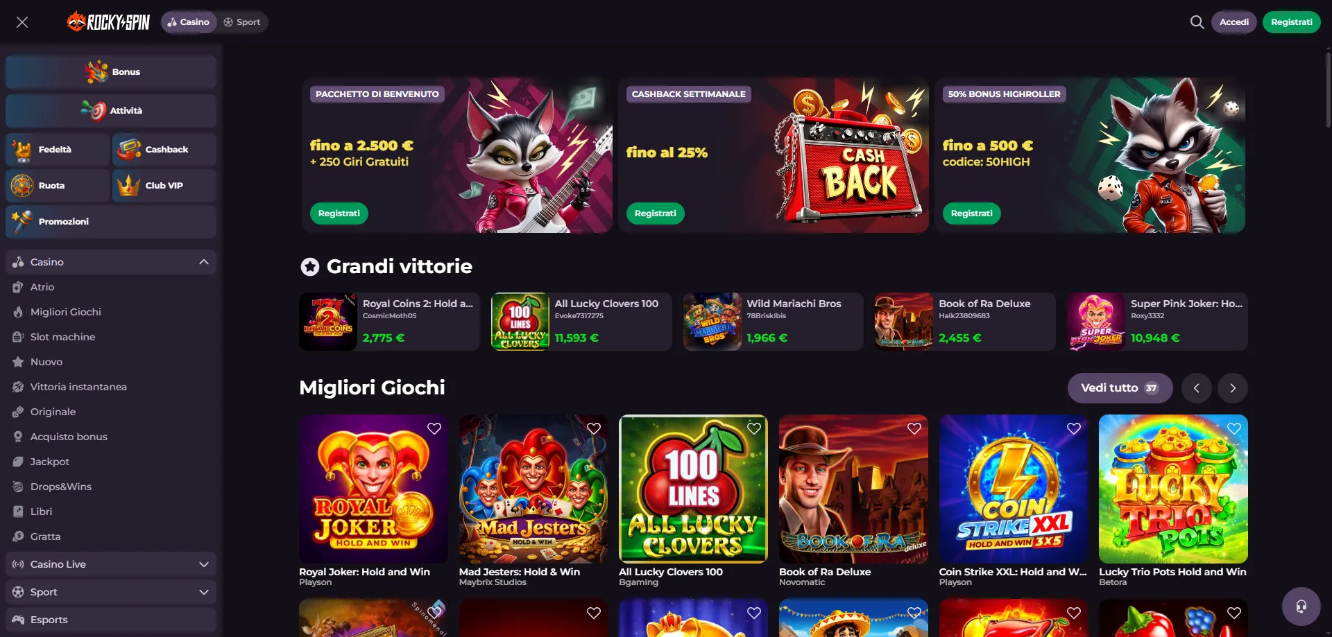 Migliori giochi su RockySpin Casino &mdash; slot jackpot e live dealer
